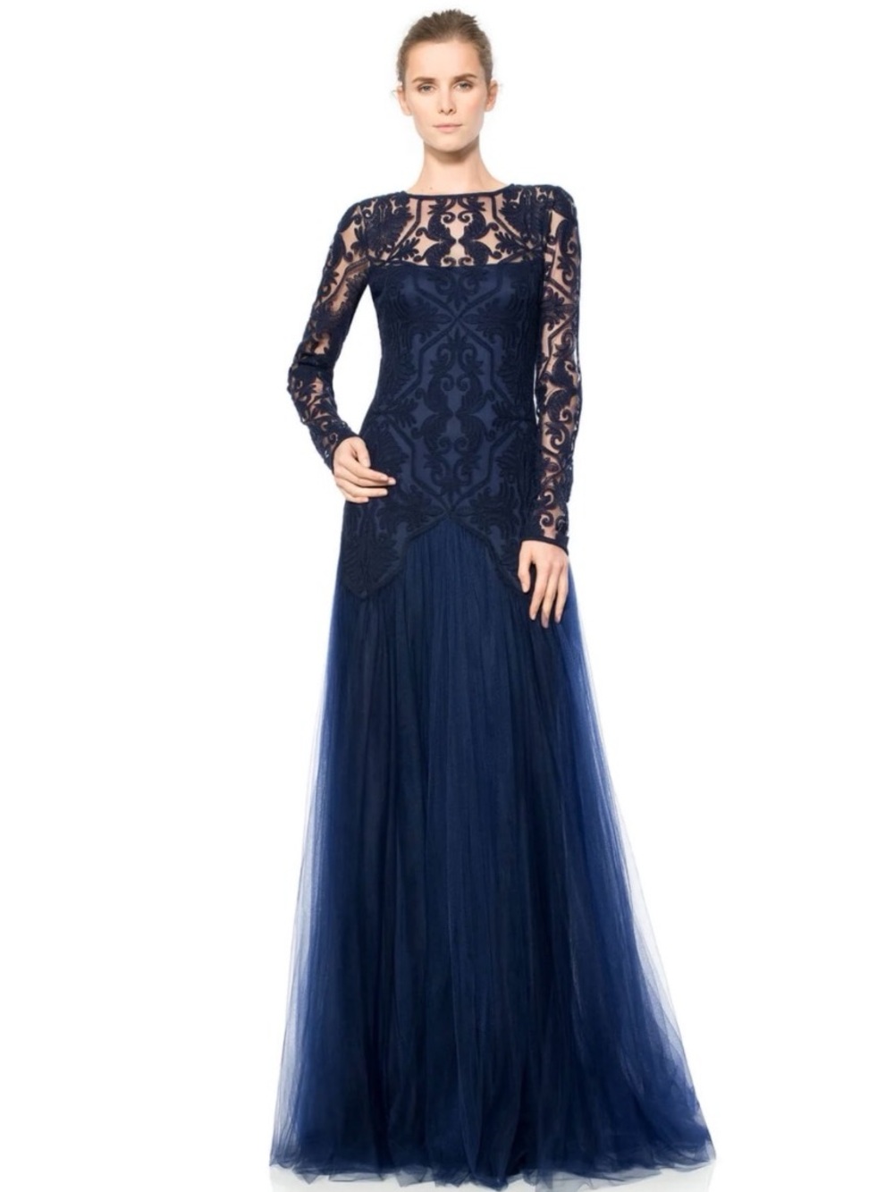 Tadashi Shoji Sheer Illusion Embroidered Tulle Navy Maxi Gown Size 4